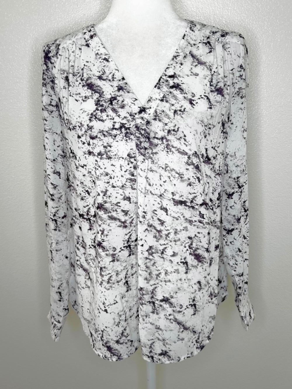 Saint Tropez West Tie Womens White V-Neck Tie Dye Long Sleeve Top Blouse Size S